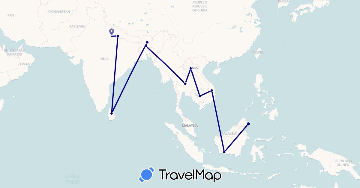 TravelMap itinerary: driving in Indonesia, India, Cambodia, Laos, Sri Lanka, Malaysia, Nepal, Thailand, Vietnam (Asia)